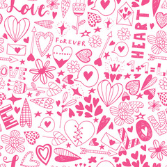 Hand drawn valentine  doodle seamless pattern.