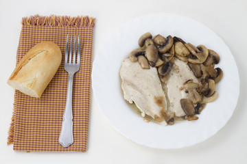 Fried mushrooms and chicken breast