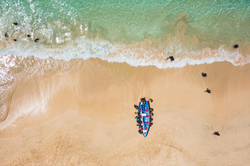 Aerial of a traditional fisher boat in Santa Maria  in Sal Islan