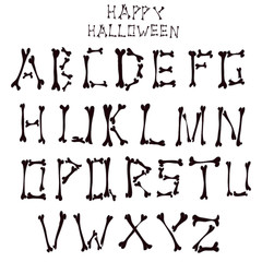 Fototapeta na wymiar Hand drawn ink vector set of the alphabet made out of cartoon bones and words happy halloween.