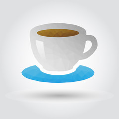 Coffee polygon icon in modern style with shadow and gray background. Geometric symbol of modern coffee logo and hot drinks.