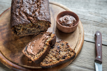 Loaf of banana-chocolate bread with chocolate cream