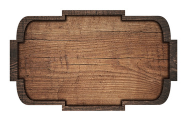 Brown wooden signboard, plate, plank and dark frame on white