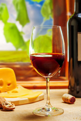 Glass of wine on table