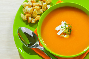 Fresh carrot soup, vegetarian healthy food