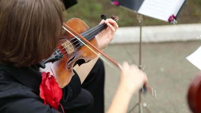 The woman musician playing the violin in the street
