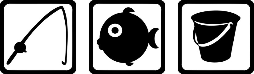Fishing icons rod fish bucket
