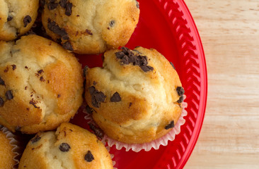 Top close view of muffins on a red plate.