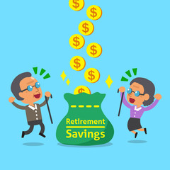 Cartoon an old woman and an old man receiving retirement savings for design.
