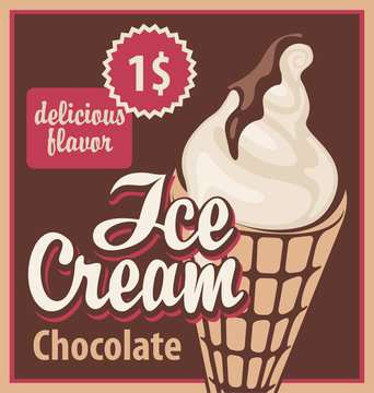 banner with the ice cream with chocolate in retro style