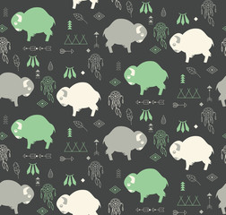 Seamless pattern with cute baby buffaloes and native American sy © bluelela