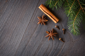 Cinnamon sticks, star aniseand  fir tree branches