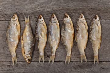 Dried salted fish. Selective focus.