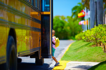 young boy, kid getting on the schoolbus, ready to go to school - obrazy, fototapety, plakaty