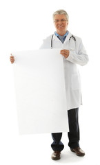 Doctor holding blank card board isolated on white