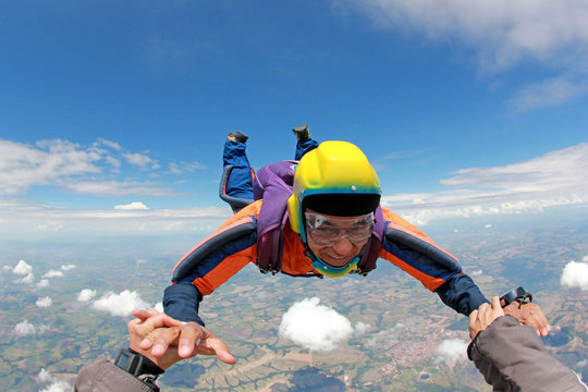 Skydiver Senior Man, Smiling In Free Fall