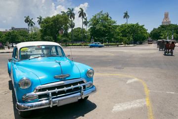White and blue taxi in Old Havana, Cuba