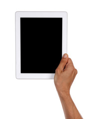 Hand holding tablet isolated on white background