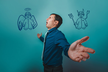 man businessman arms outstretched looking up with an angel on hi