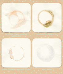 Coaster Rings 7: Beverage rings on coasters. Drinks include Dragon Pearl Jasmine Green Tea, IZU Matcha Green Tea, Coffee Oatmeal Imperial Stout, and Rose Wine. © vanciesetsy