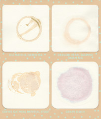 Coaster Rings 9: Beverage rings on coasters. Drinks include Dragon Pearl Jasmine Green Tea, IZU...