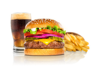 Hamburger fries and a coke soda pop cheeseburger combination deluxe fast food on white - 90960743