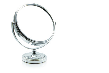 silver makeup mirror isolated on white. - obrazy, fototapety, plakaty