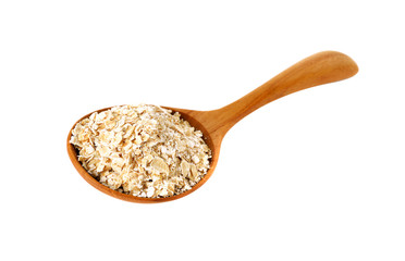 oatmeal in wooden spoon on white background