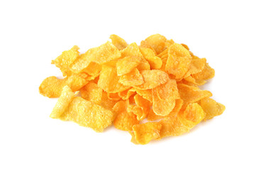 heap of crispy corn flakes on white background