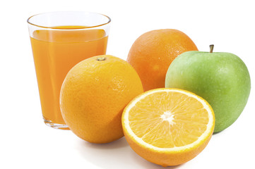 Orange juice and slices of orange isolated on white