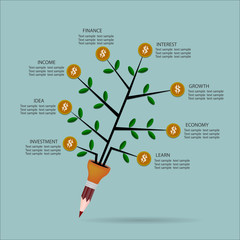 Infographic business pencil tree and coins