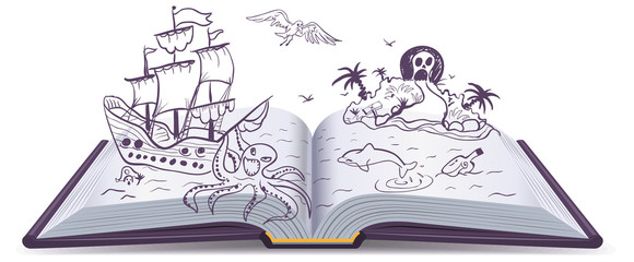 Fototapeta premium Otwarta książka Przygoda. Skarby, piraci, żaglowce, przygoda. Czytanie fantazji