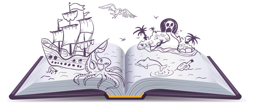 Open Book Adventure. Treasures, Pirates, Sailing Ships, Adventure. Reading Fantasy