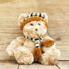 Teddy Bear toy alone on wood background