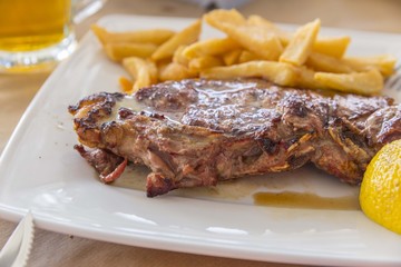 beef steak, potatoes, lemon, table, Greece