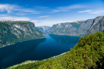 Fototapeta na wymiar Summertime view to Sognefjord from Stegastein viewpoint, Norway