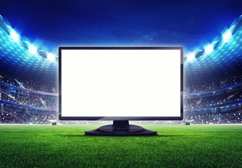 football stadium with empty editable tv screen frame