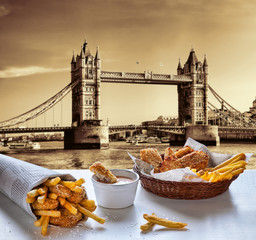 Fish and Chips against Tower Bridge in London, England