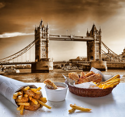 Fish and Chips against Tower Bridge in London, England