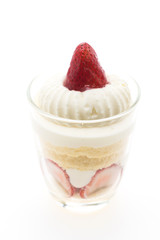 White cream cake with strawberry on top isolated on white backgr