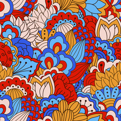 Hand drawn seamless pattern with floral elements. Colorful background. Pattern can be used for fabric, wallpaper or wrapping.