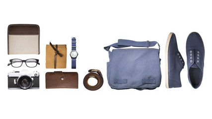 set of bag, shoe belt, wristwatch,wallet,spectacle,film camera and note book on a clear white background