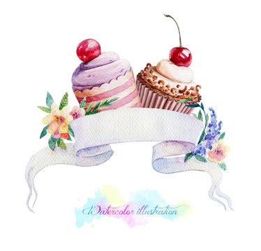 Illustration with ribbon for text and muffins. Watercolor illustration.