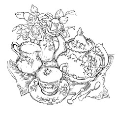 Hand made sketch of tea sets. Vector illustration.