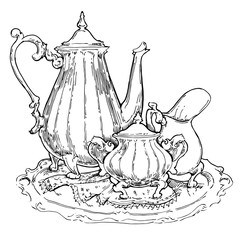 Hand made sketch of tea sets. Vector illustration. - 90980189