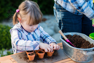 little girl gardener planting flower bulbs with her mom