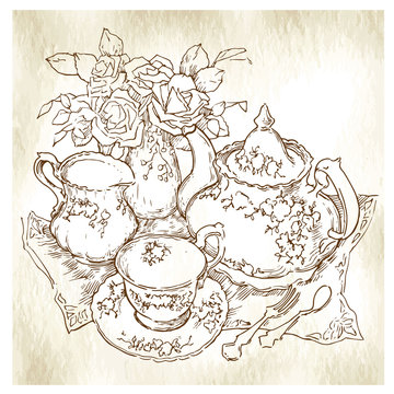 Hand made sketch of tea sets. Vector illustration.