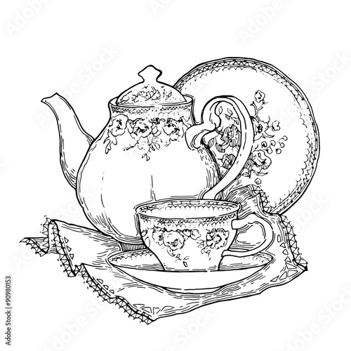 "Hand made sketch of tea sets. Vector illustration." obrazów stockowych