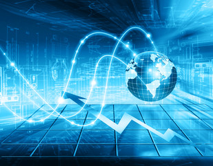 Globe and glowing lines on technological background. Technology background.Electronics, bright lines and rays, symbols of the Internet, radio, television, mobile and satellite communications