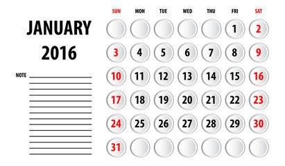 Template of calendar for 2016